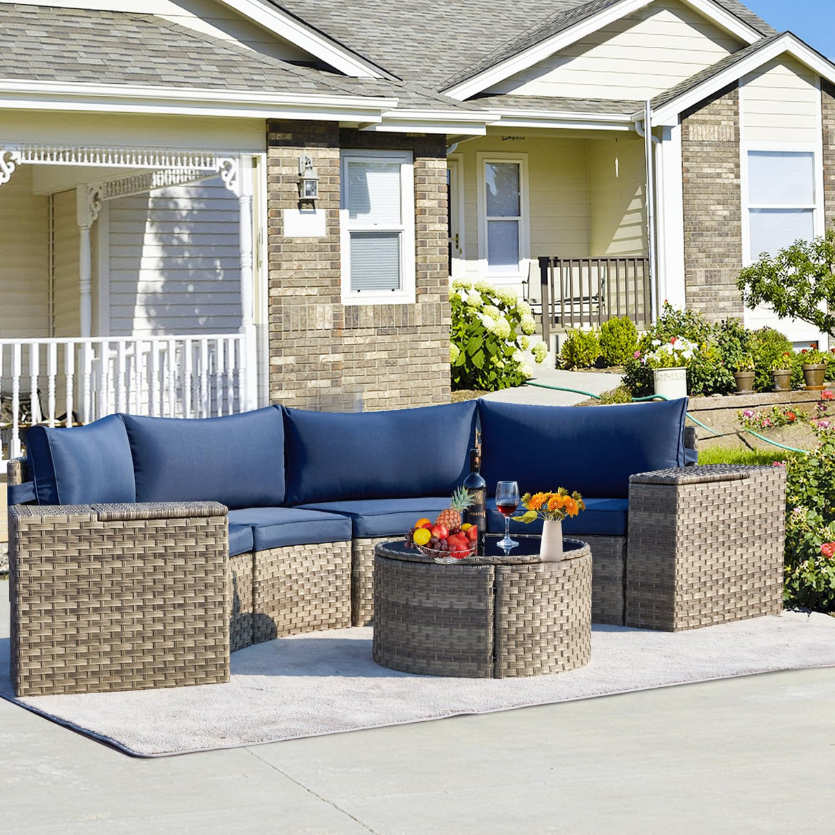 ECOTOUGE Half Moon Patio Furniture Set, 7-Piece All-Weather Wicker Curved Sofa Set, Half Moon Outdoor Couch with High Backs, Fit for Pool Backyard Balcony Garden(Blue) ECOTOUGE