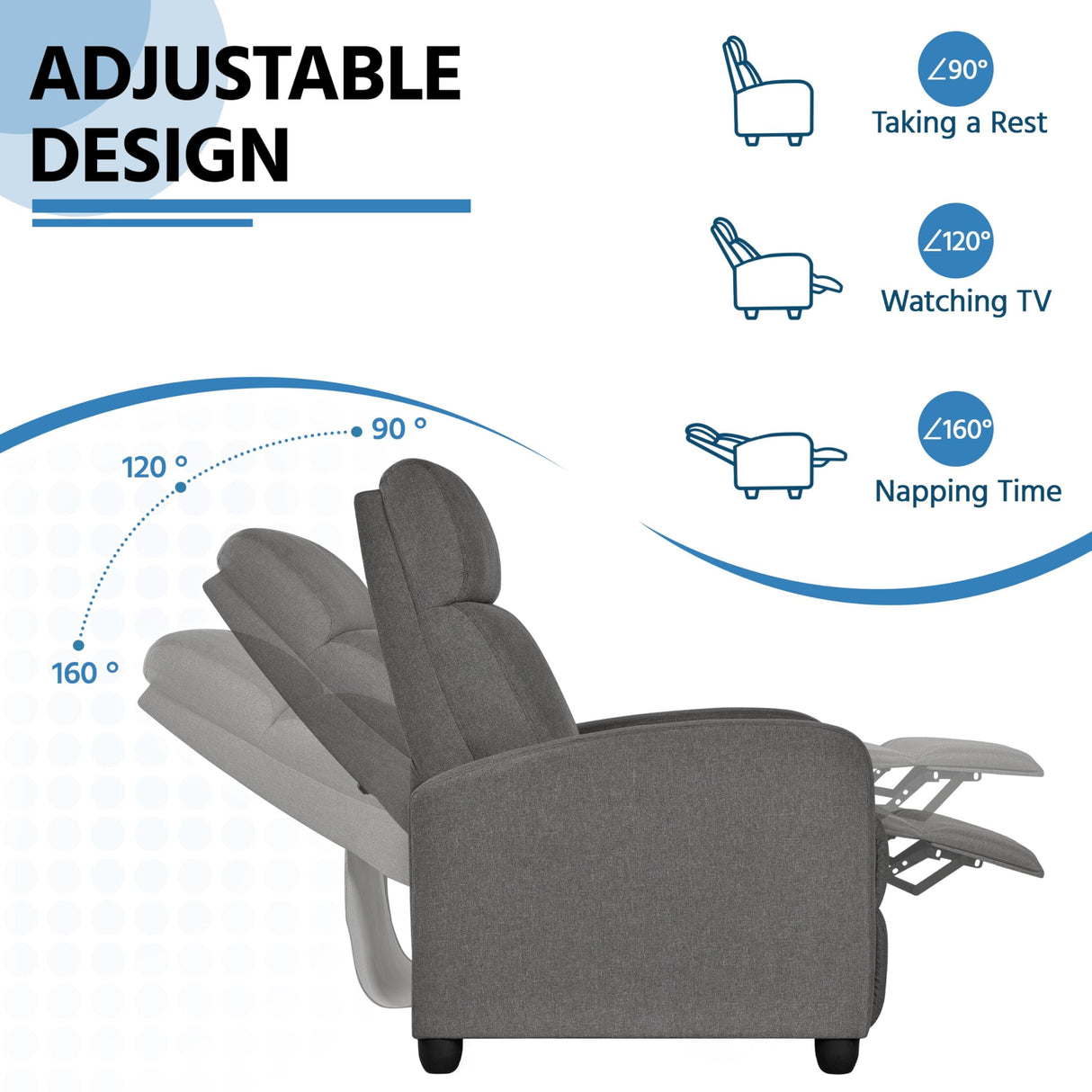 Yaheetech Fabric Recliner Chair Sofa Ergonomic Adjustable Single Sofa with Thicker Seat Cushion Modern Home Theater Seating for Living Room Matte Grey Yaheetech