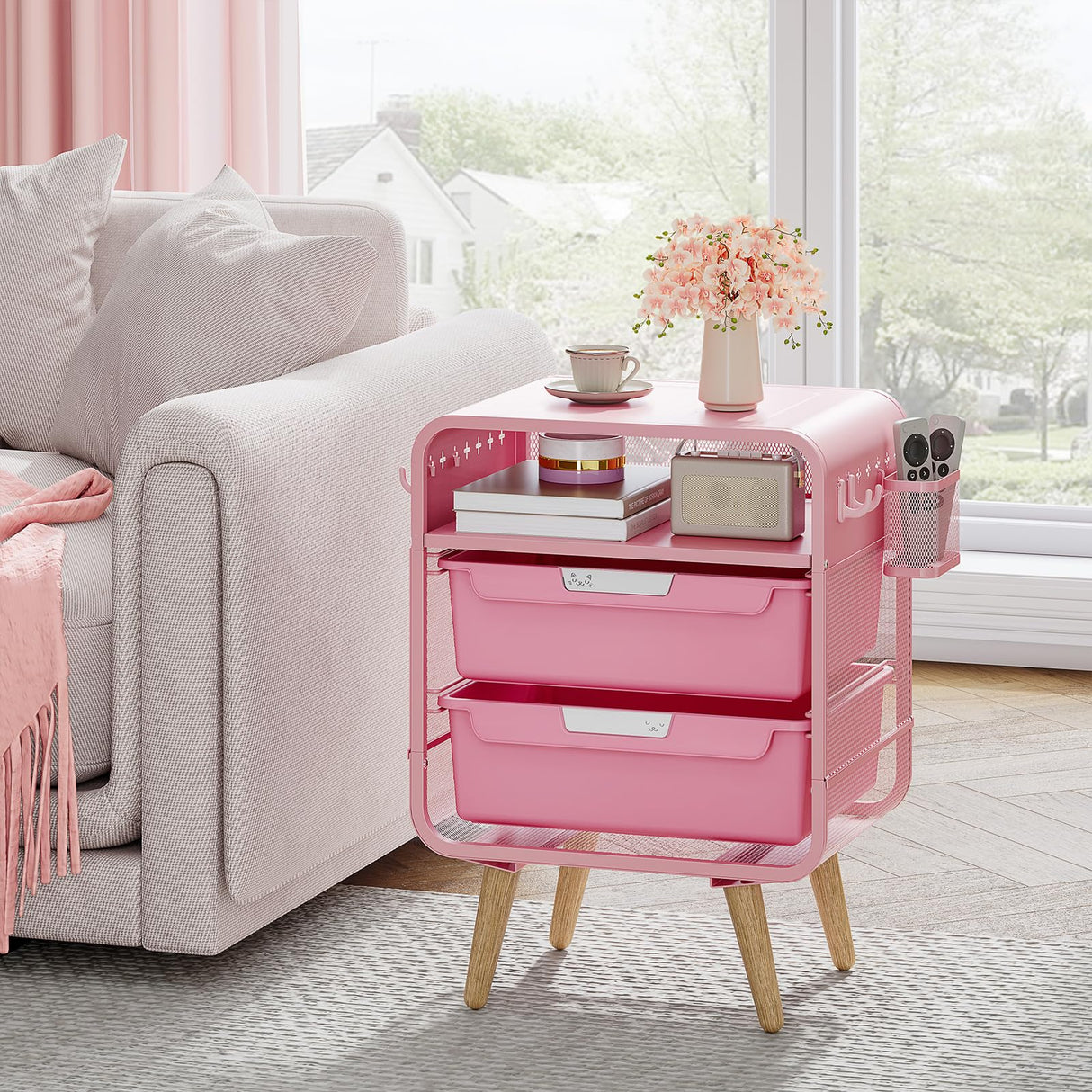 SYKIARIOL Pink Nightstand,Cute End Table with Storage Drawer,Kids Nightstand for Bedroom Furniture,Bedside Table Small Pink Desk Coffee Table for Living Room, Dorm,Office SYKIARIOL