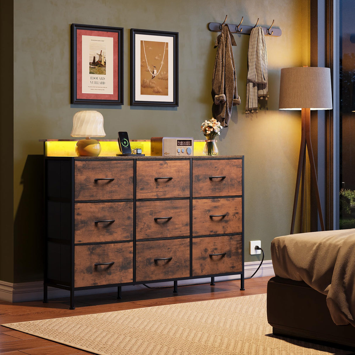 WLIVE Dresser TV Stand for 50, 55 inch, Led Chest of Drawers for Bedroom, Rustic Brown Dresser for Bedroom with LED Lights and Charging Station, 9 Fabric Drawers, Wood Top, Living Room, Closet WLIVE