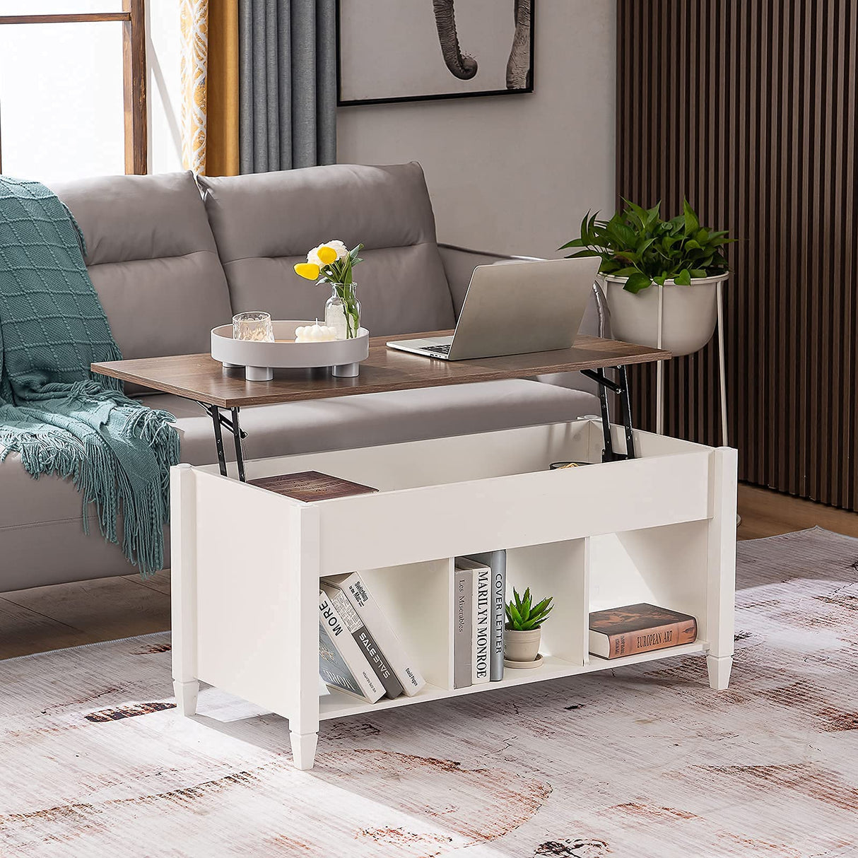 VINGLI Lift Top Coffee Table, White, with Storage Shelf/Hidden Compartment, Gas Lift Mesa De Centro para Sala Pop Up Coffee Table VINGLI