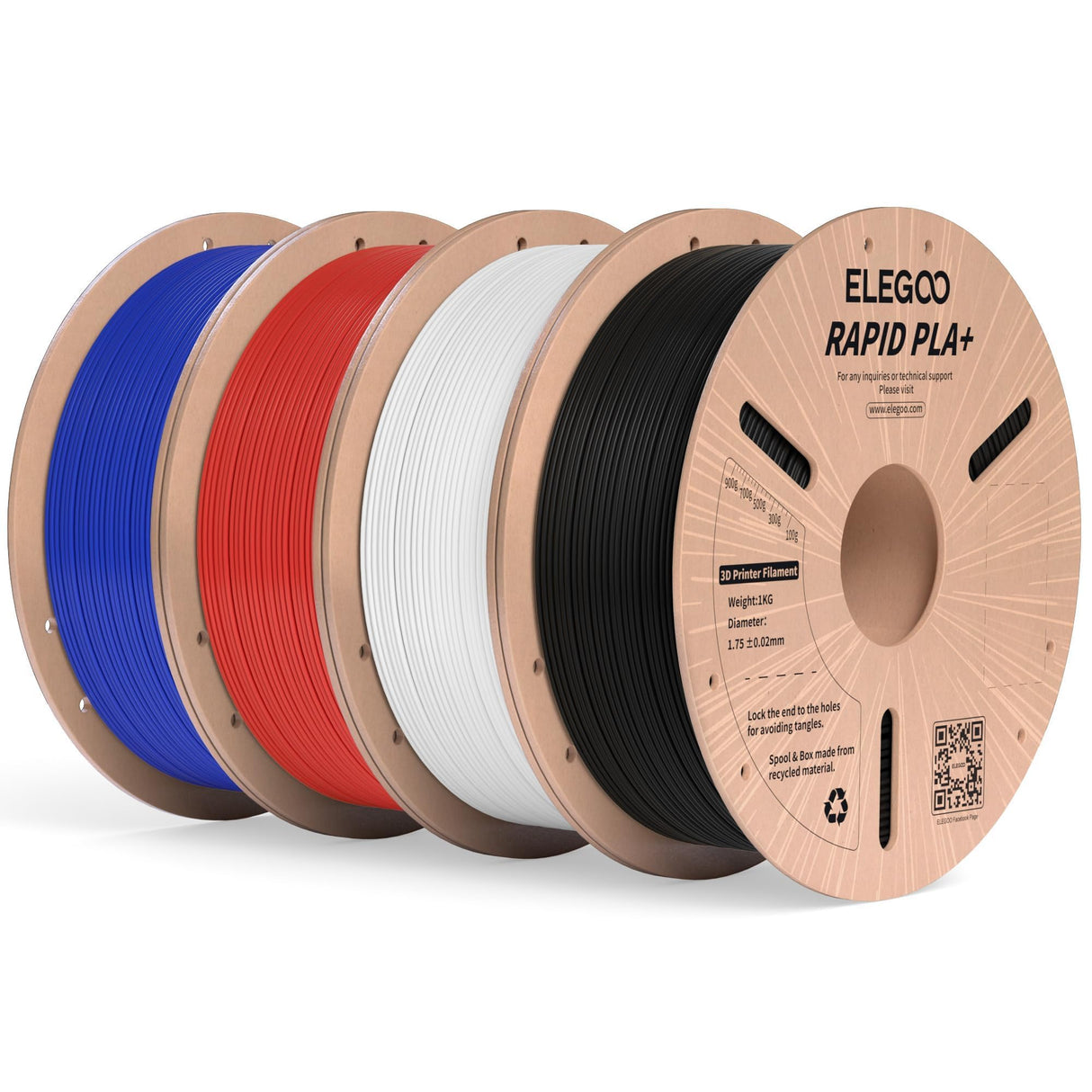 ELEGOO Rapid PLA Plus Filament 1.75mm Bundle 4KG, PLA+ 3D Printer Filament for Fast Printing, Dimensional Accuracy +/- 0.02 mm, 4 Pack 1kg Cardboard Spool(2.2lbs) Black/White/Blue/Red ELEGOO