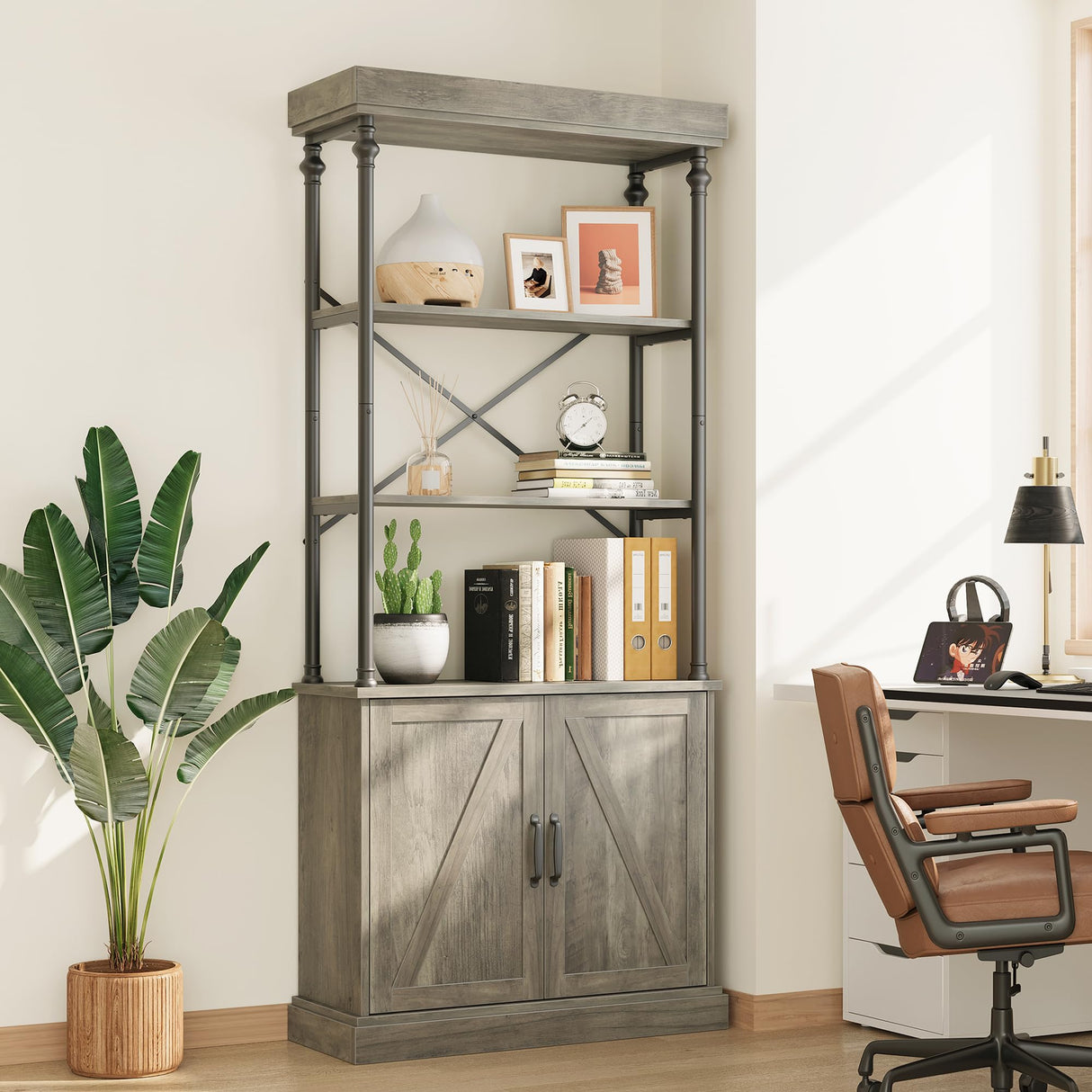 IDEALHOUSE Tall Bookshelf with Doors 73.62in Industrial Storage Open Rack Shelf with Cabinet Wood and Metal Bookcase Farmhouse Bookshelves Large Vintage Display Rack Home Office IDEALHOUSE
