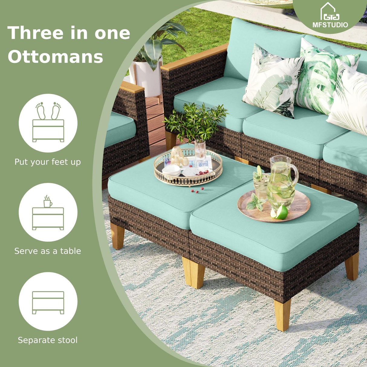 MFSTUDIO 9 Piece Extra Large Wicker Patio Furniture Set with 56" Fire Pit Table, All-Weather Rattan Sectional Sofa Patio Conversation Set with 50000 BTU CSA Approved Fire Pit & Aqua Blue Cushion MFSTUDIO