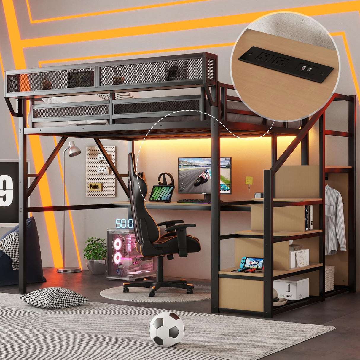 Queen Size Gaming Loft Bed with Stairs and Desk, Metal Loft Bed Frame with Bedside Shelf and Light, Heavy-Duty Adults Lofts Beds with Storage Wardrobe & Charging Station, Black Aurnienofus