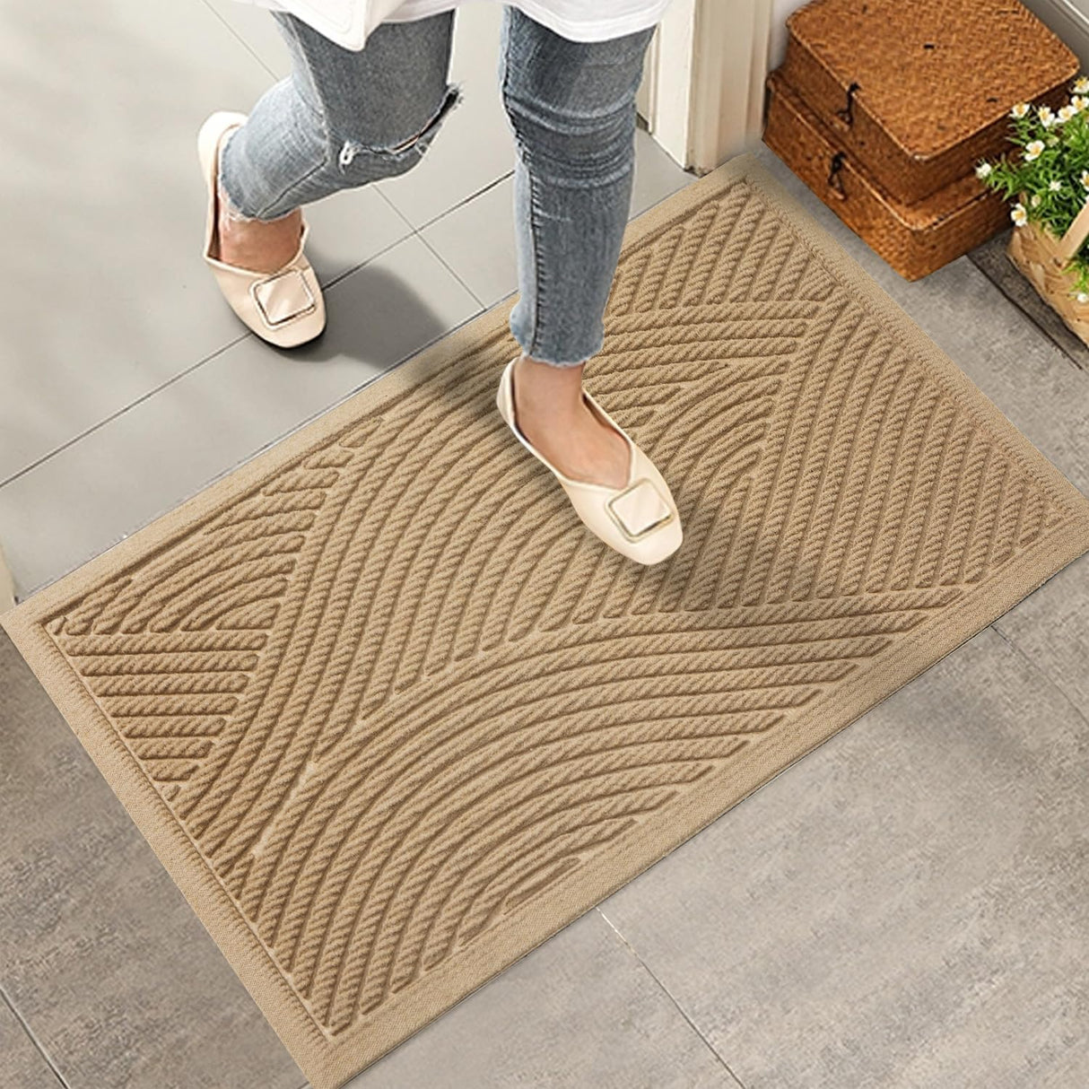HIYARD Sturdy Front Door Mat, Absorbent Muddy Dirt Resist Welcome Door Mats Outdoor Indoor, Stain and Fade Resistant, Non-Slip Backing Entry Mat Low Profile Doormat for Entryway, 29×17, Beige HIYARD