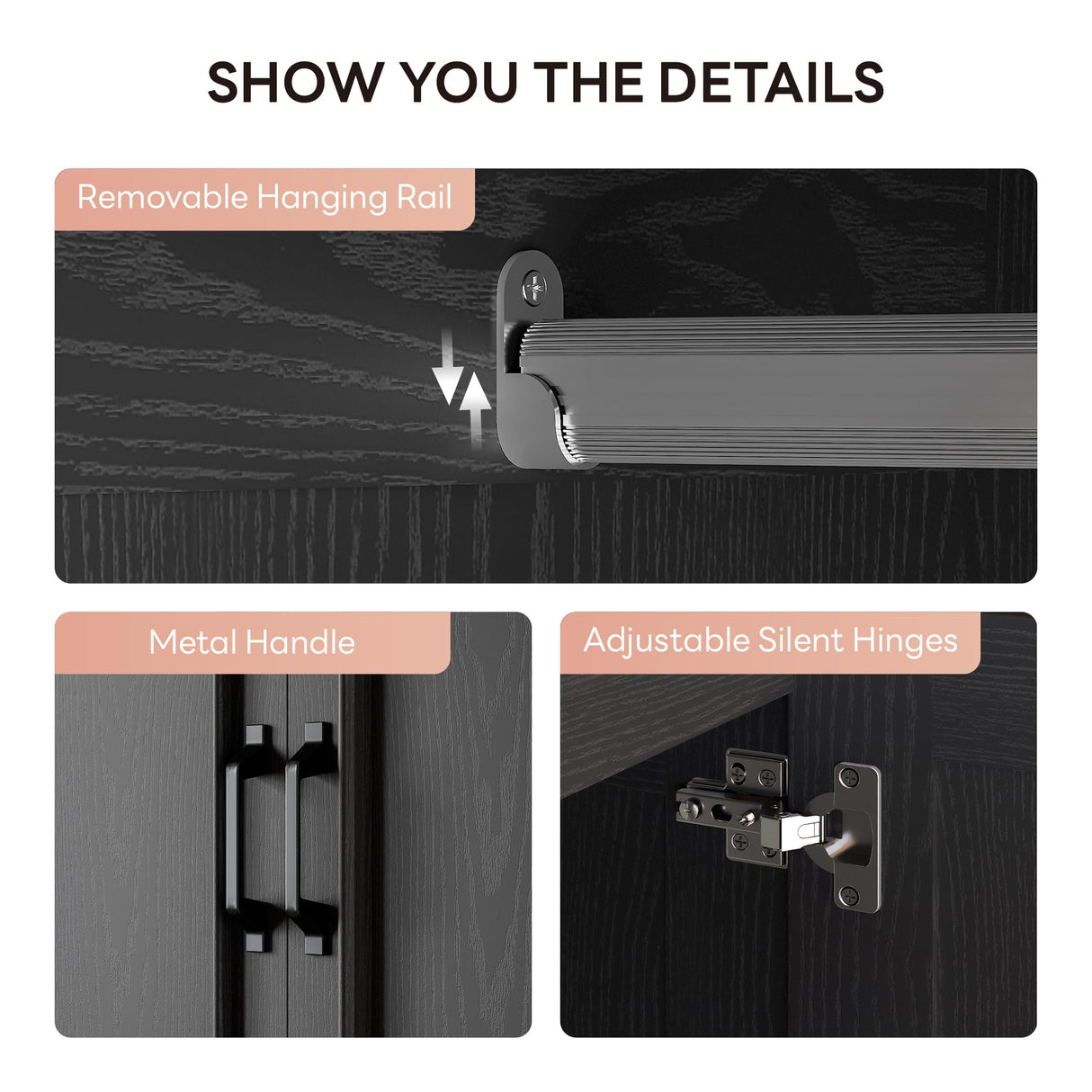 LIKIMIO Armoire Wardrobe Closet with 2 Doors and 2 Drawers 70" H x 28" W Wooden Bedroom Freestanding Wardrobe Combination for Hanging Clothes, Black LIKIMIO