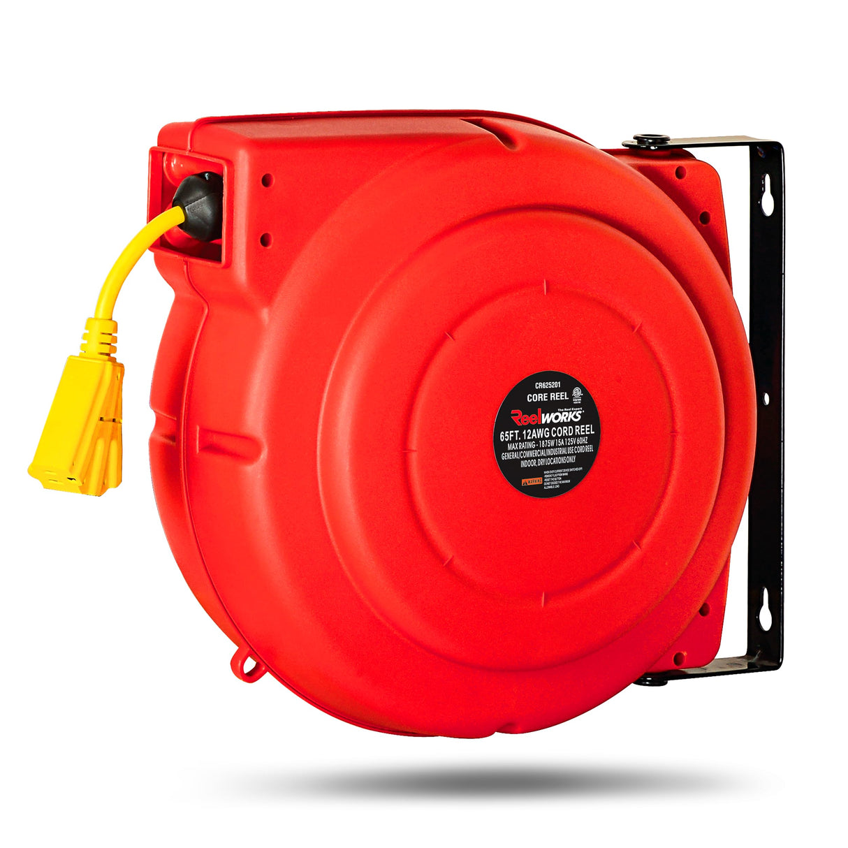 ReelWorks Extension Cord Reel Retractable 12AWG x 65' Foot 3C/SJT Heavy Duty Commercial Cable Triple Tap Connector Power 15A 125VAC 1875W ReelWorks