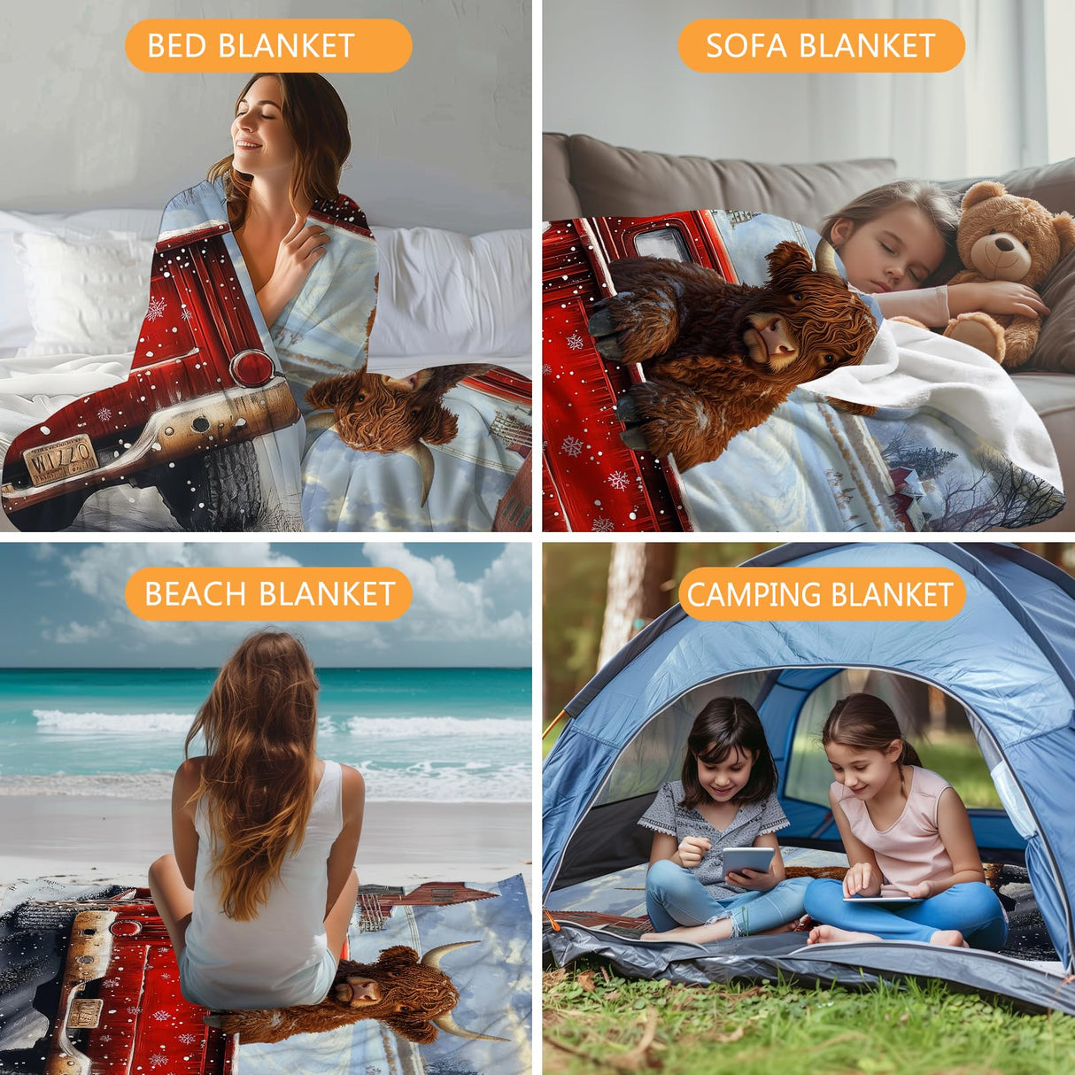 KAFFUL Highland Cow Blanket, Brown Cow in Red Truck, Women's Gift, Winter Snowflakes Farmhouse Decor, 50"x40" KAFFUL