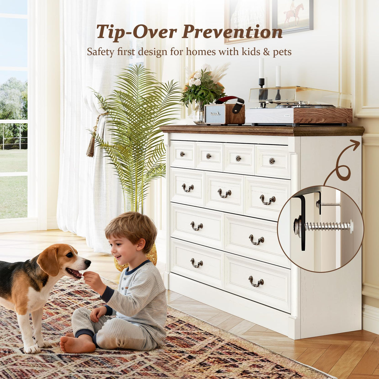 Concho Farmhouse 11 Drawers Dresser for Bedroom, 53'' Wide Wood Chest of Drawers with Spacious Deep Storage Space, Rustic Storage Dressers Organizer, TV Stand for Living Room, Bedroom, Antique White Concho