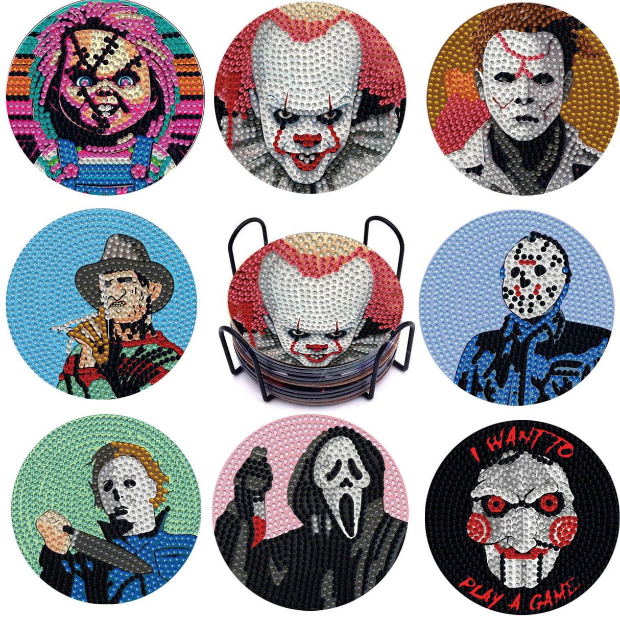 8 PCS Halloween Diamond Art Coasters Kits, Diamond Painting Coasters with Holder Set of 8, DIY Drink Coasters Art Crafts Supplies for Adults Cup Mat for Home Decor House Warming Gifts Non-Slip YSUNETER