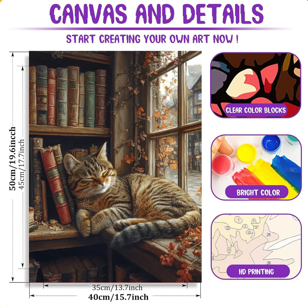 Sleeping Cat Paint by Numbers Kit for Adults - Bookshelf Paint by Numbers for Adults Beginner, DIY Acrylic EasyPainting by Number on Canvas Home Wall Decor 16”W x 20”L Clendo