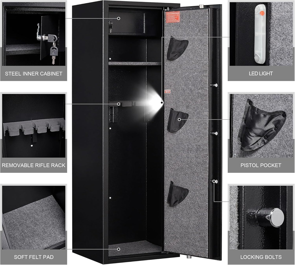 HEANVO 8-12 Gun Safe Biometric, Rifle Safes for Home, Gun Cabinet with Dual Alarm System, Rifle Gun Safe with Removable Gun Rack, Shotgun Safe with 4 Ways to Open HEANVO