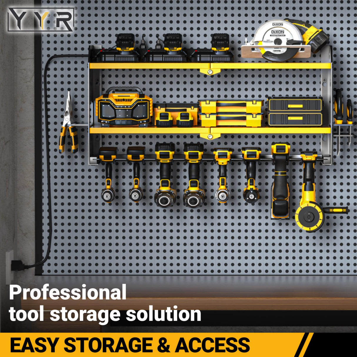 YYR Power Tool Organizer with Charging Station Wall Mount, Cordless Drill and Battery Holder for Garage Organization, Electric Tools Storage Rack Build in Surge Protection Power Strip - Yellow Shelf YYR