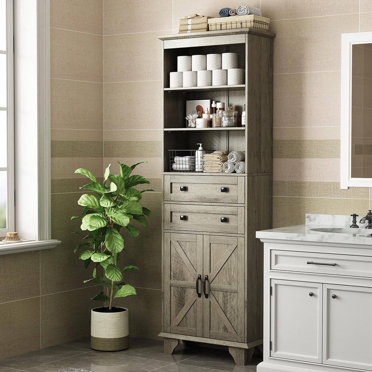 Seeday 72" Farmhouse Bathroom Storage Cabinet, Tall Kitchen Pantry Cabinet with 2 Drawers, Adjustable Shelves and Barn Door, Storage Cabinet for Bathroom, Living Room, Kitchen, Grey Seeday