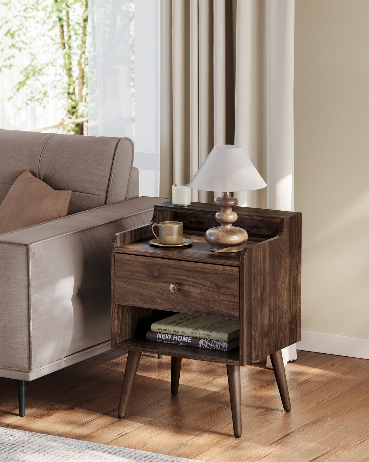 VASAGLE Nightstands, Set of 2, Bedside Tables with Hidden Drawers, Mid-Century End Tables with Solid Wood Legs, Side Tables for Bedroom, Natural Walnut ULET624K01 VASAGLE