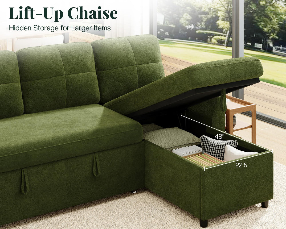 Jocisland Sofa Bed, Sleeper Sofa with Storage Chaise, Convertible Sofa Bed with Pull Out Couch, l Shaped Couch for Living Room, Linen Green Jocisland
