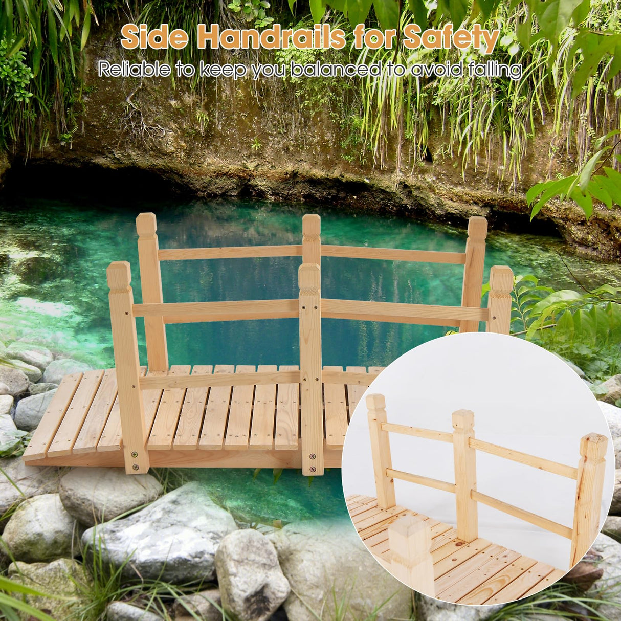 Tangkula 5 FT Wooden Garden Bridge, Arch Stained Finish Footbridge with Double Safety Rails, Outdoor Fir Construction Decorative Bridge Walkway for Backyard, Gravel Road, Creek, Farm (Stained Wood) Tangkula