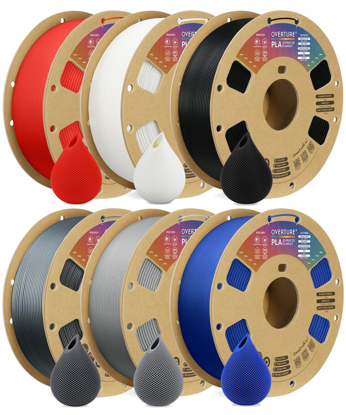 OVERTURE 6KG Bundle PLA Filament 1.75mm PLA 3D Printer Filament, 6 Pack 1kg(2.2lbs) Cardboard Spool, Dimensional Accuracy +/- 0.02mm, Fit Most FDM Printer (6 Color) OVERTURE