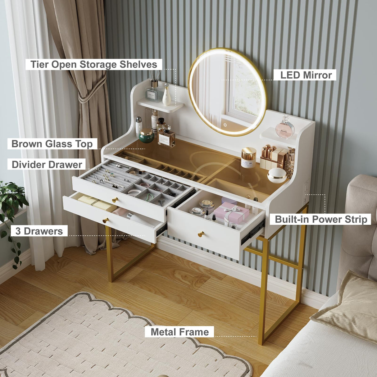 DELUXE LIVING Makeup Vanity Desk with Mirror and Lights, Glass Top Vanity Desk with 3 Drawers & 2 Storage Shelves, Bedroom Dressing Table with Power Outlet, 3 Lighting Mode, White DELUXE LIVING