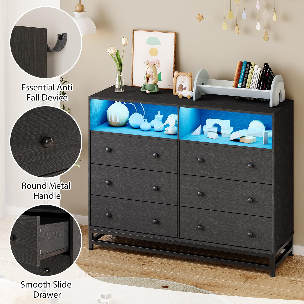Black Dresser for Bedroom, Wooden Modern 6 Drawers Wide Dresser with Charging Station and Led Lights Design, Large Capacity Storage Chest of Drawers Garveehome