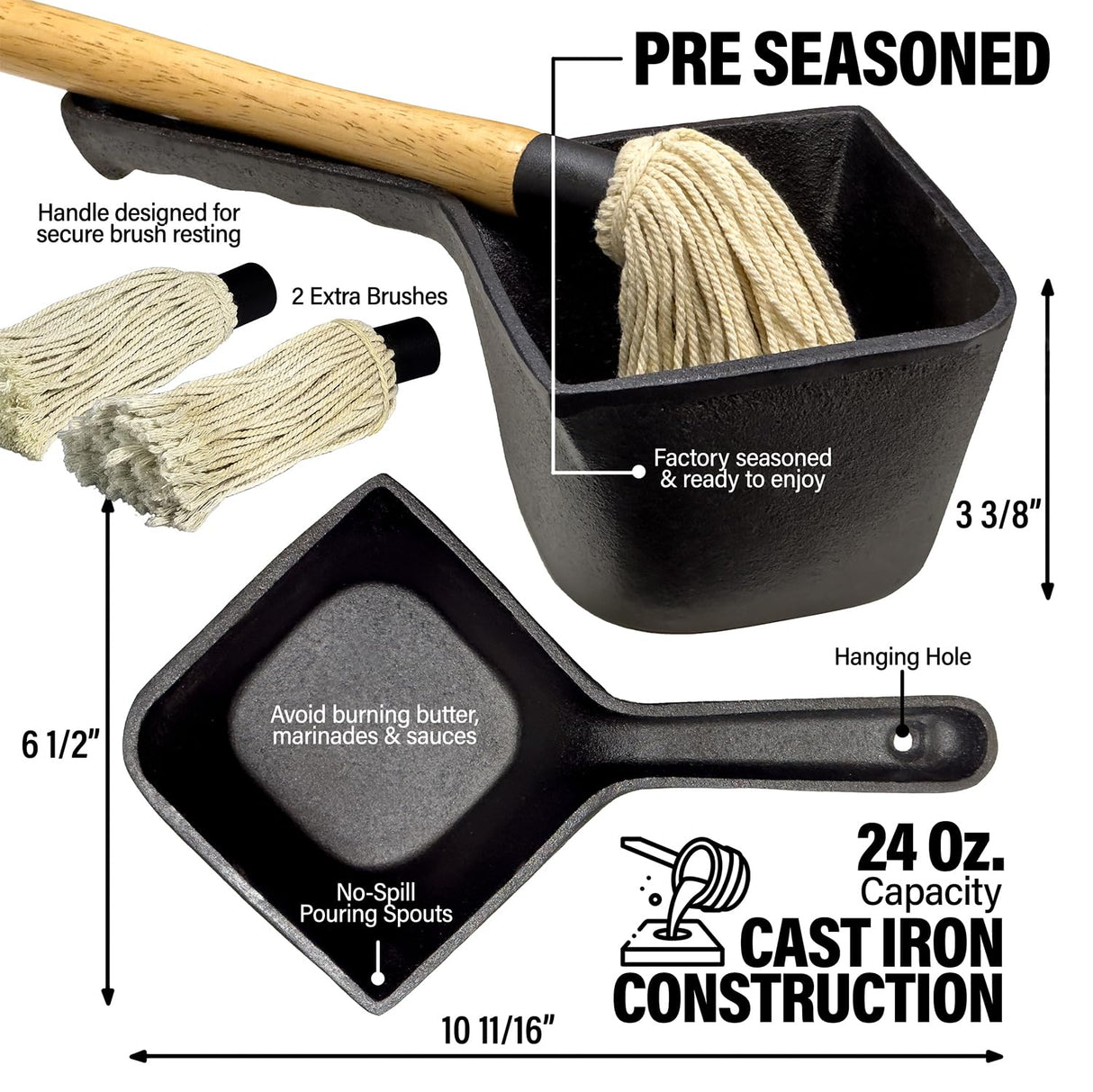 Cast Iron Sauce Pot with BBQ Mop Brush – Small Cast Iron Basting Pot & Mop Brush for Grilling, Smoking, and Saucing – BBQ Mop Brushes for Sauce, 24 Oz Shop Square