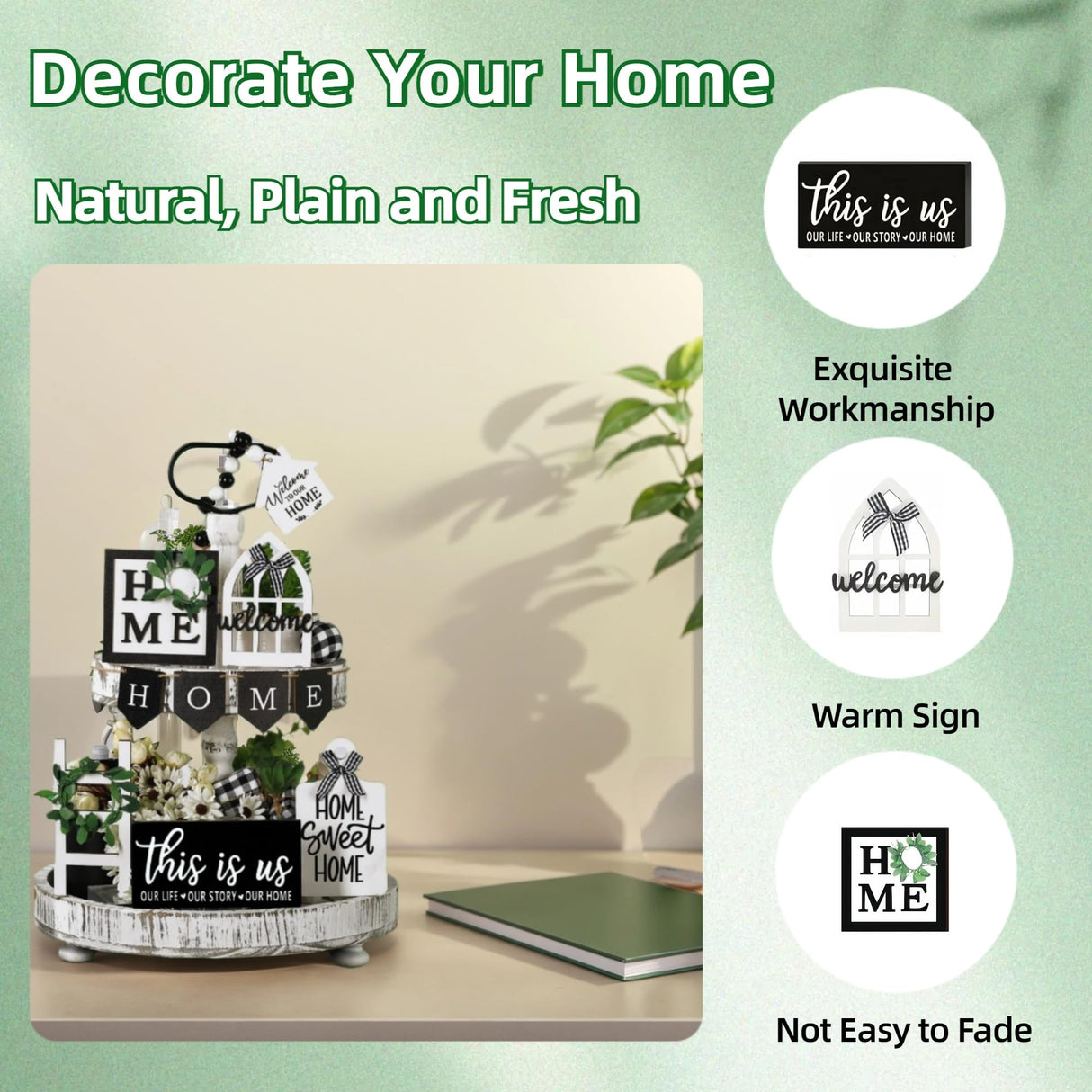 Tiered Tray Decor Set for Rustic Home Country Kitchen Dining Room Living Room Table Decorations Farmhouse Modern White and Black Tray Decorative with Wooden Beads and Board (No Tray) MKER HOME