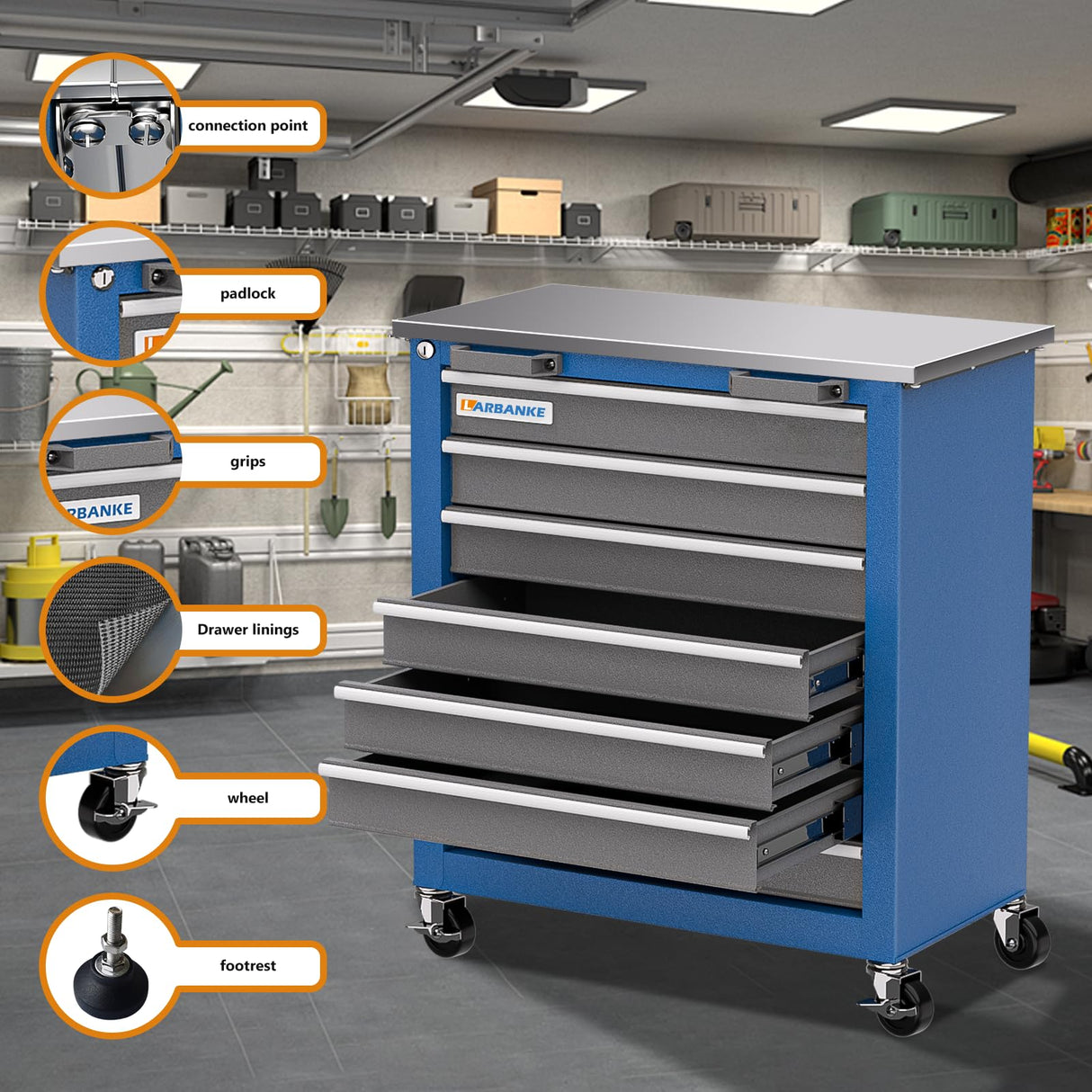 LARBANKE 7-Drawer Rolling Tool Chest Toolbox,Tool Box with 360° Lockable Wheels and Padded Feet,Tool Chest with Keyed Locking System and Drawer Liners,can be Combined Storage System with Tool Chest LARBANKE