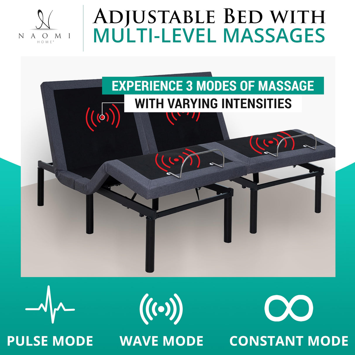 Naomi Home Idealbase Split King Adjustable Bed Frame with Lumbar Support Head Tilt Foot Incline Back Leg Massage USB Ports Massage Bed with Wireless Remote Ergonomic Zero - Gravity Smart Naomi Home