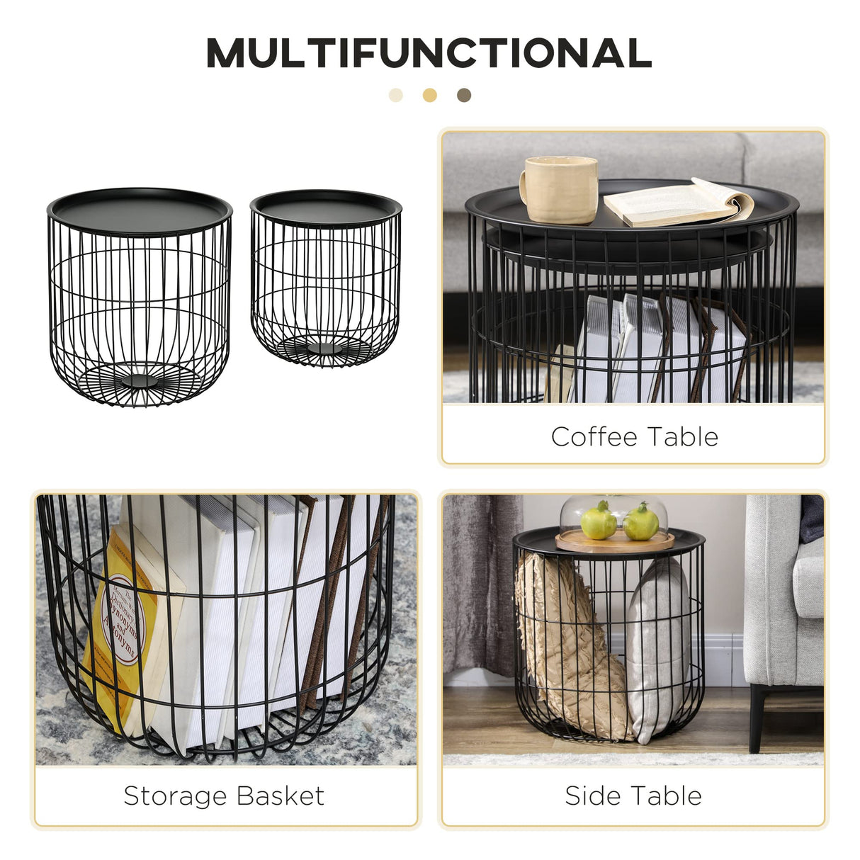 HOMCOM Nesting Coffee Tables, Round Coffee Table Set of 2 with Steel Wired Basket Body and Removable Top, Stacking End Tables Blanket Storage for Living Room, Black HOMCOM