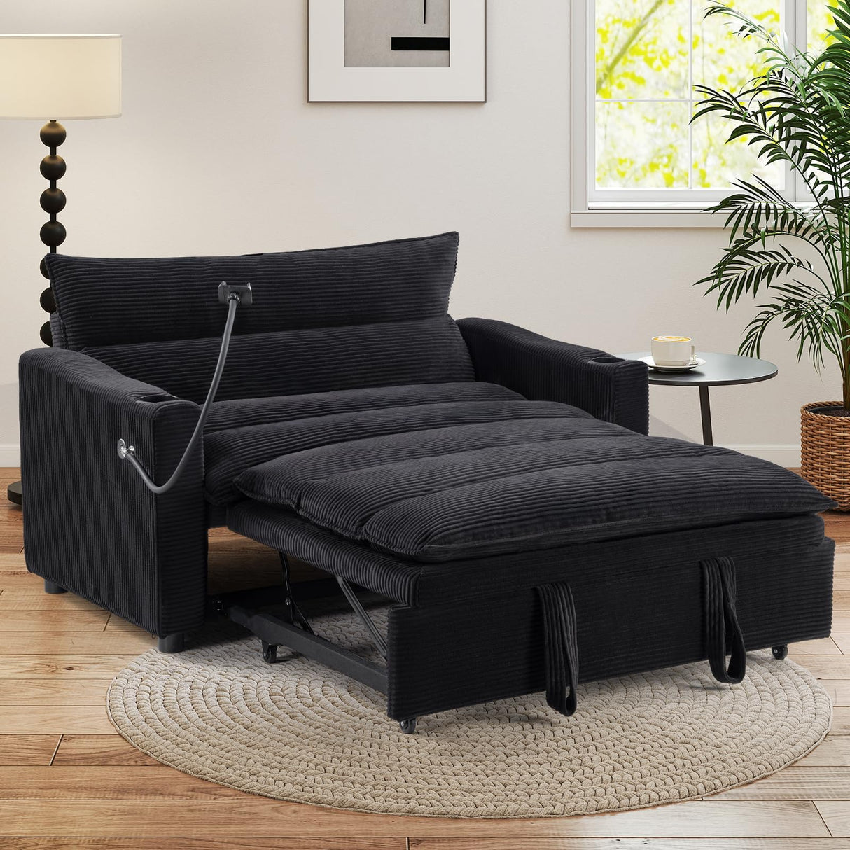 HAOMARKETS 3-in-1 Convertible Loveseat Sleeper Futon Sofa Bed with Cup Holders, 2-Seat Pull Out Couch, Phone Holder and USB Port, Corduroy 3-Level Adjustable Backrest Couches for Living Room, Black HAOMARKETS