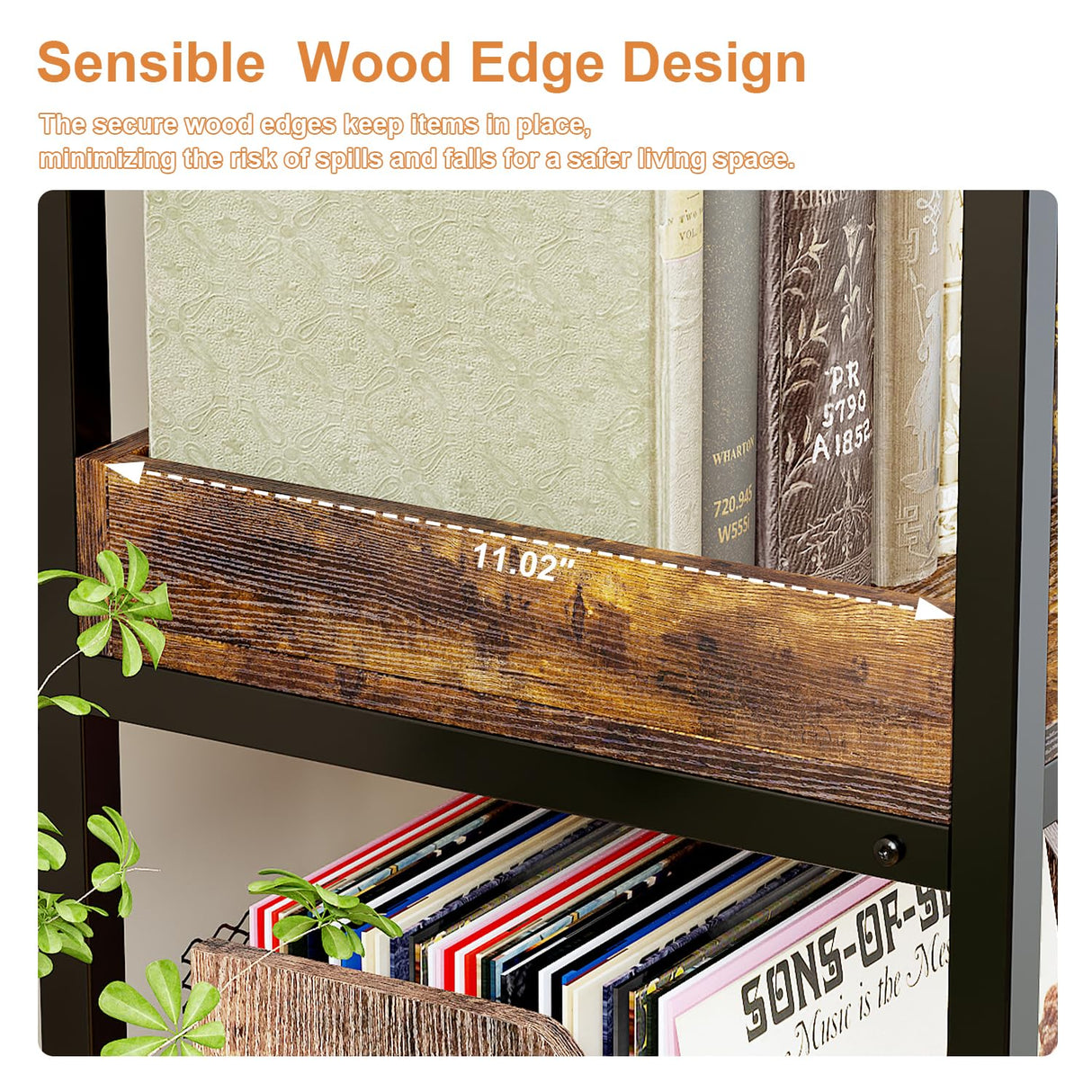 KOUSEI 5-Tier Bookshelf Reversible,Corner Bookcase 4 Hooks,65" Industrial Wooden Bookcase with Open Wide Shelves and Metal Frame for Living Room, Bedroom, Home Office,Rustic Brown KOUSEI