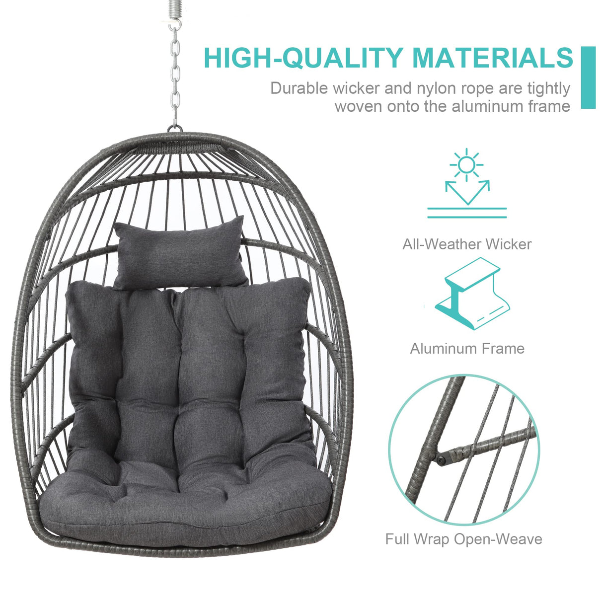 SWITTE Outdoor Hanging Egg Chair with Stand and Cushion, 370LBS Capacity Patio Swing Chair for Garden, Bedroom, Balcony - Dark Gray SWITTE