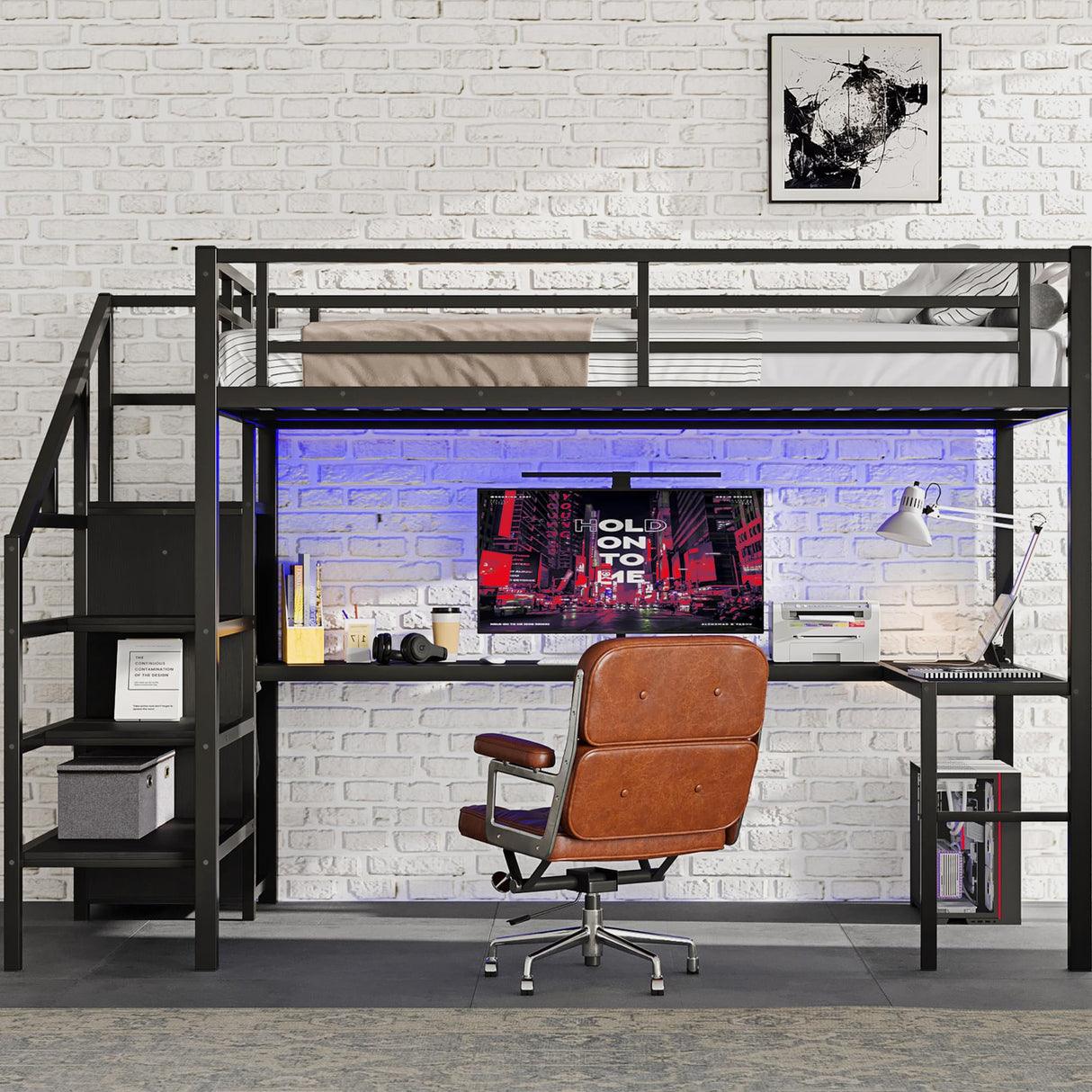 Bellemave Queen Loft Bed with Desk & Wardrobe, Heavy Duty Metal Loft Beds with Storage Stairs, LED Loft Bed Queen Size with Charging Station & Safety Guardrails, No Box Spring Needed, Black Bellemave