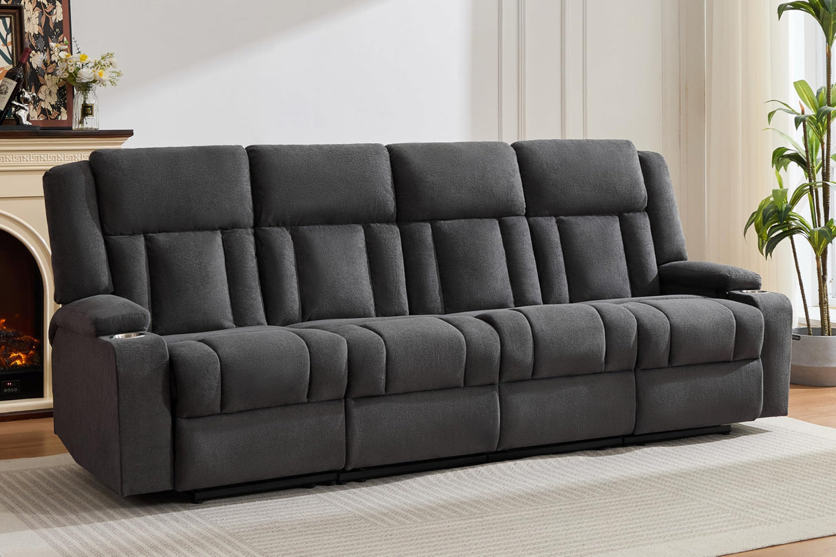 AIWOEN Recliner Sofa with Cup Holders, 4-Seater Fabric Reclining Couch, Manual Recliner Wall Hugger for Living Room, Home Theater (Dark Gray) AIWOEN