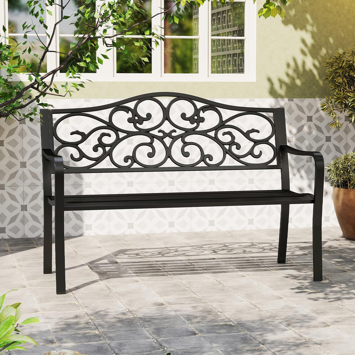 Tangkula 50 Inches Outdoor Garden Park Bench, Cast Iron Metal Patio Bench with Floral Design Backrest, Armrests and Slatted Seat, Outdoor Loveseat Chair for Porch, Lawn and Yard, Black Tangkula