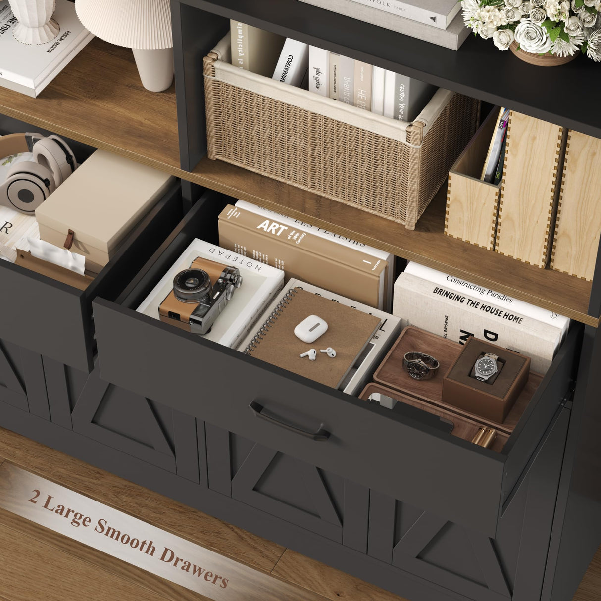 HOSTACK 69" Tall Book Shelf and Bookcase, Wooden Bookcase with Doors, Large Bookshelf with Drawers, Farmhouse Book Case with Storage Cabinet, Bookshelves with Display Shelves for Home Office, Black HOSTACK