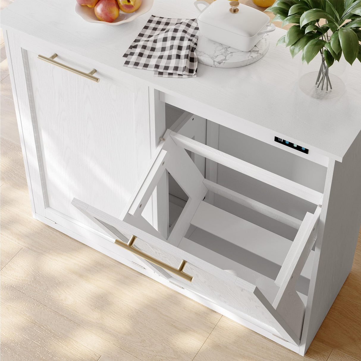 XM-ICE Tilt Out Trash Cabinet with Quick Installation and Deodorising Function, Wooden Trash Kichen Cabinet Holds Up to 2x13 Gallons Bins, Freestanding Trash Cabinet, White XM-ICE