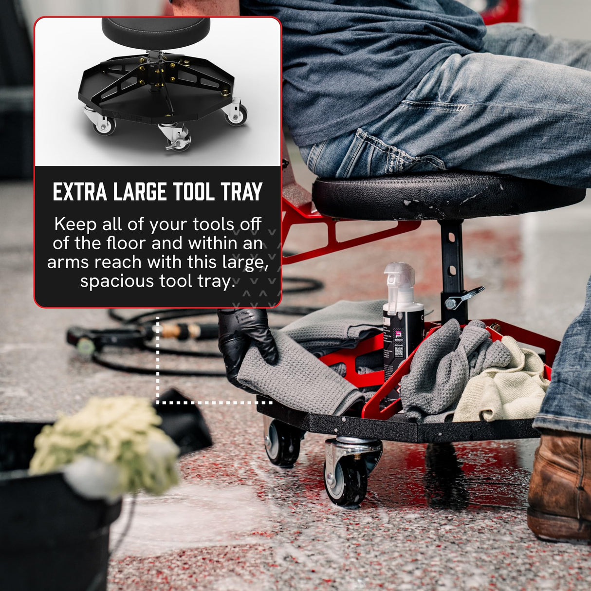 Vyper Robust Steel Sport Shop Chair for Mechanics, Automotive, DIY - 300 lb Capacity Garage Stool with Backrest and Large Wheels, Shop Stool (Black Seat, Blue Frame) Vyper Industrial