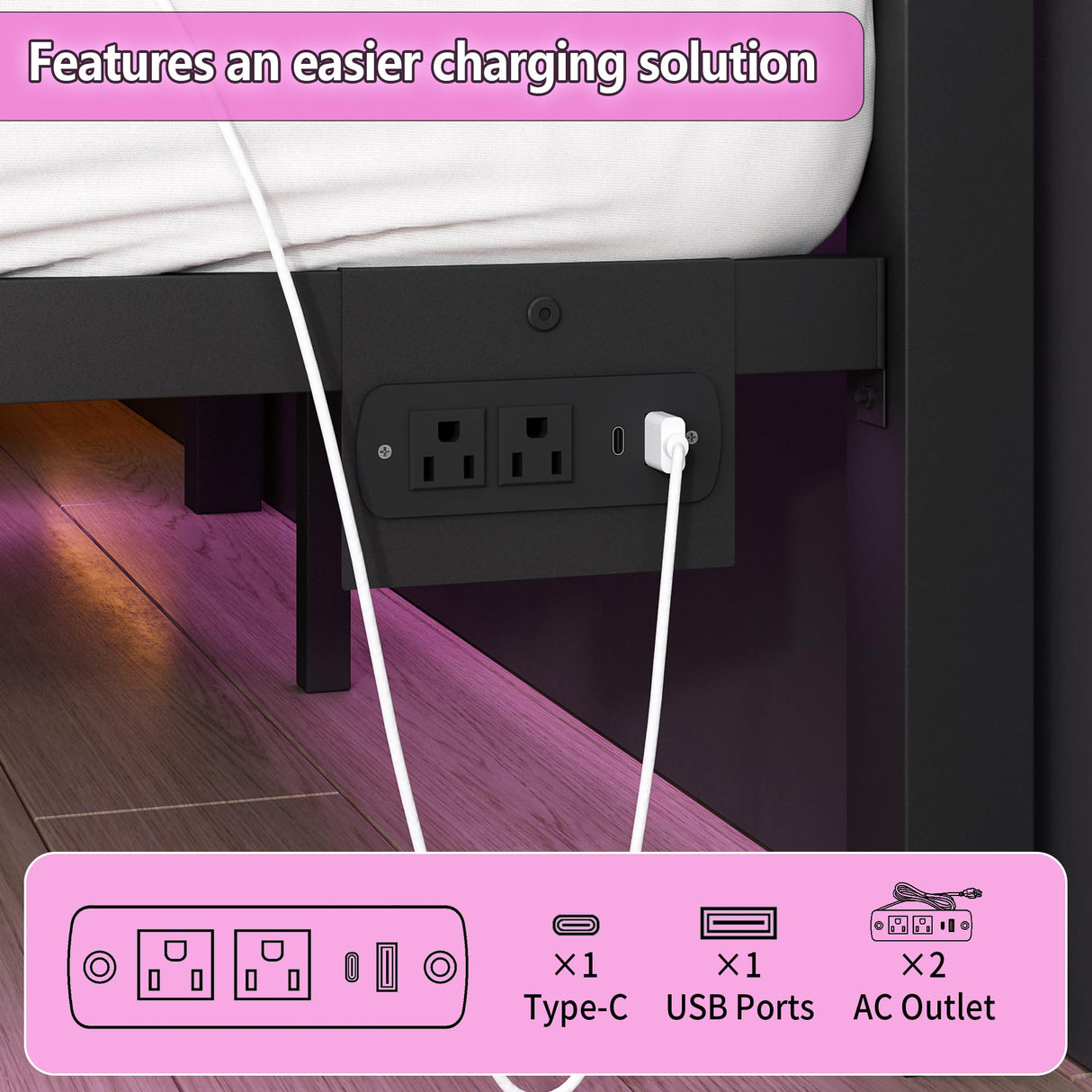 CLIBFENG Full Size Bed Frame with Headboard and Footboard,Steel Slats Support-LED Bed Frame with USB Charging Station,Mattress Foundation-Under Bed Storage, No Box Spring Needed,Noise Free,Black CLIBFENG