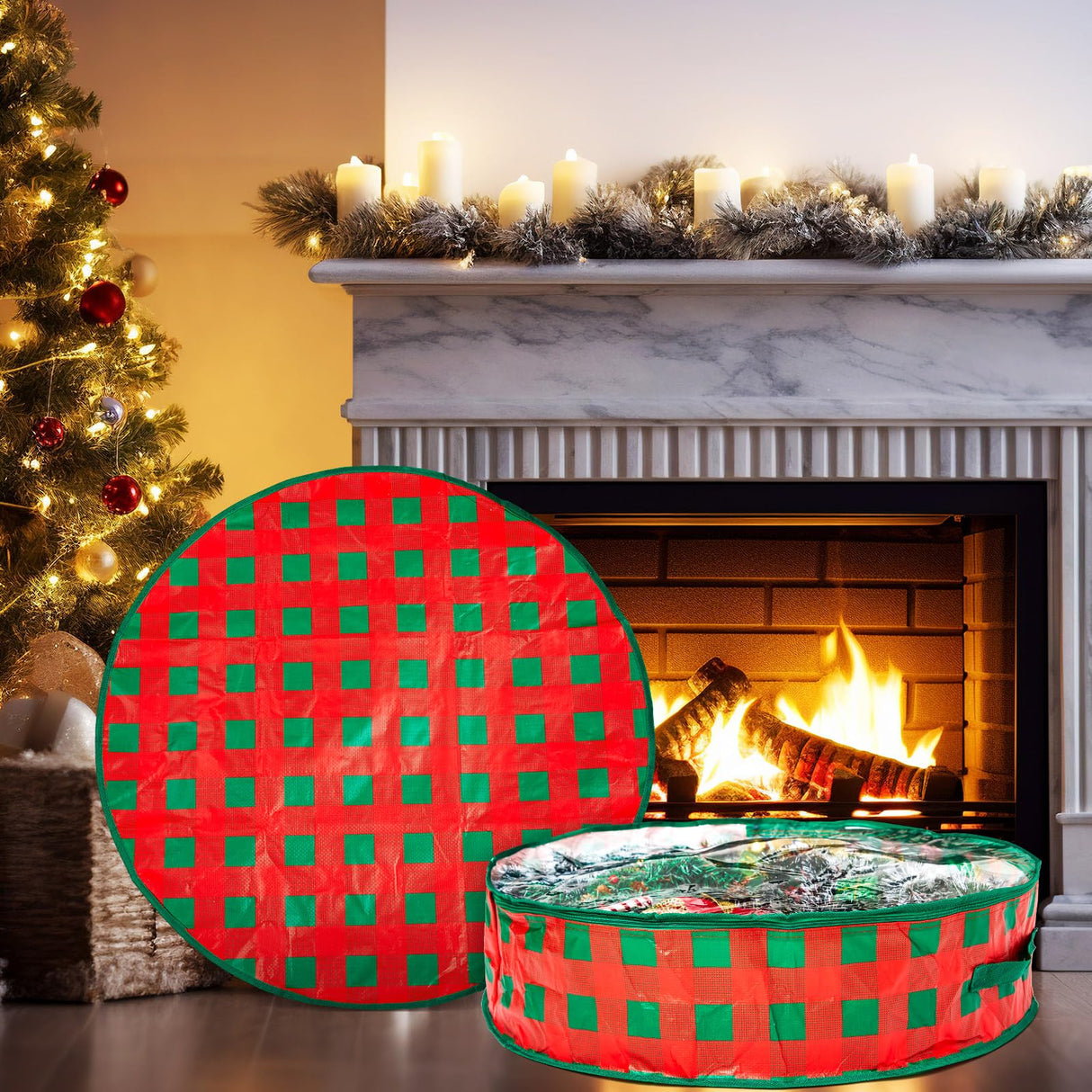 Aliceset 4 Pack Wreath Storage Containers, Storage Bags with Window and Handles, Durable Decoration Box Holder for Holiday(36 x 36 x 7.8 Inch,Red Green Plaid) Aliceset