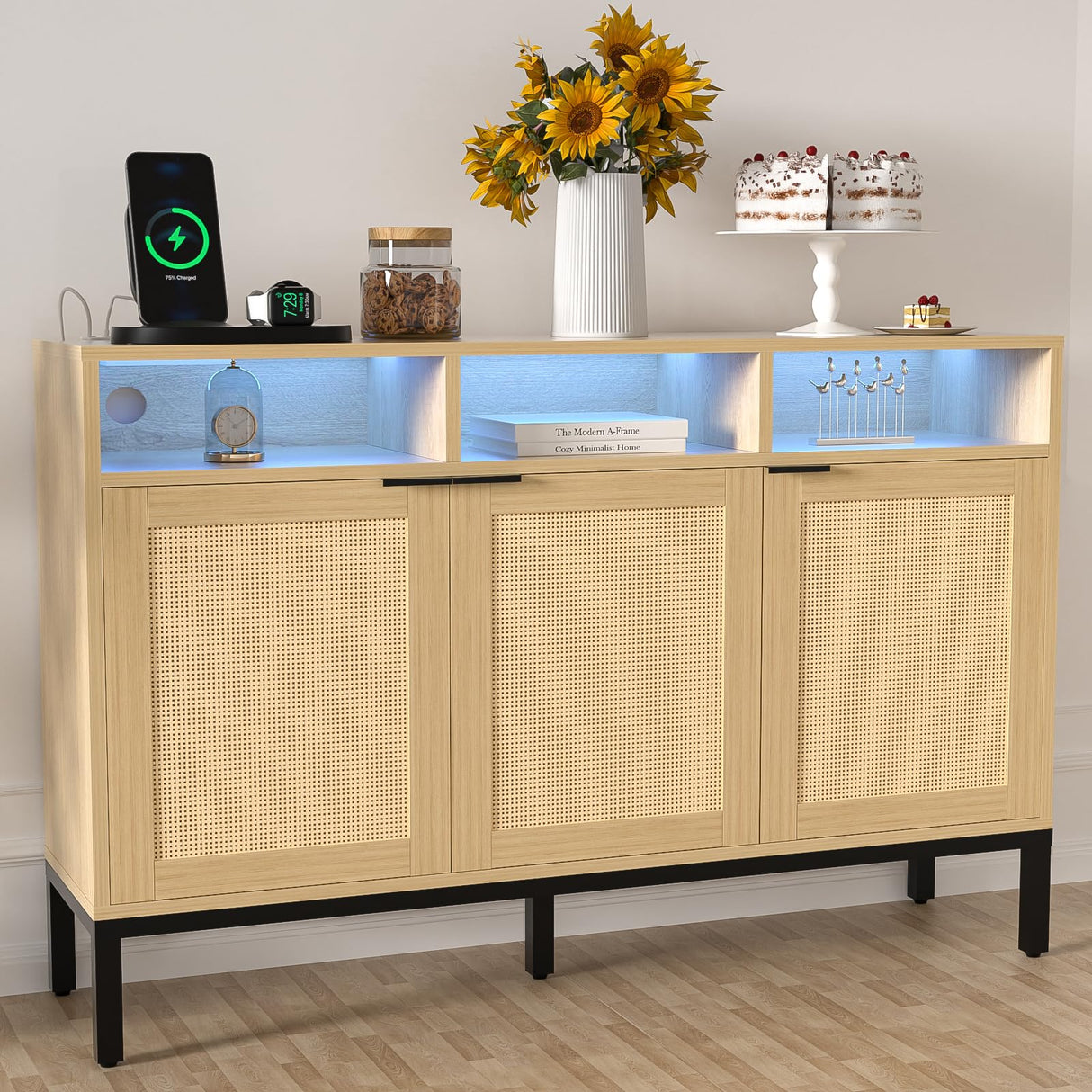 Yeyawomy Buffet Sideboard Cabinet with Storage, Storage Cabinet with LED Light and Charging Station, Rattan Sideboard Storage Cabinet, Farmhouse Kitchen Coffee Bar Cabinet, Boho Chest Storage Yeyawomy