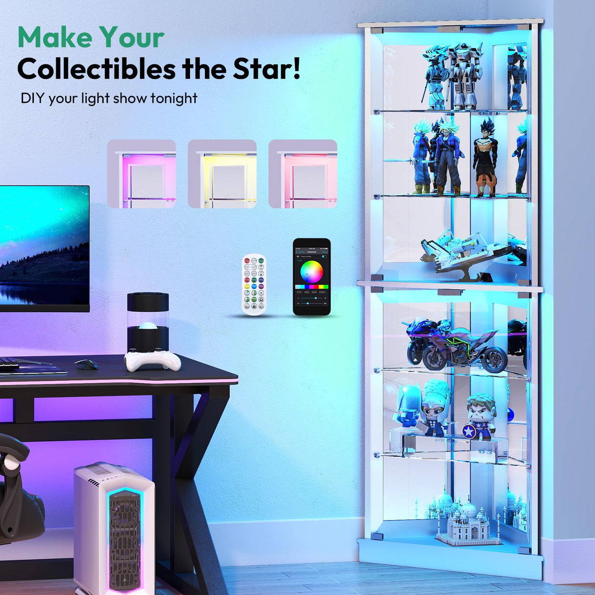 Lamtor 72" Corner Display Cabinet with Glass Doors, 6-Tier Showcase Curio Cabinet for Collectibles with Dynamic LED Lights, Modern Display Case for Living Room, White Lamtor