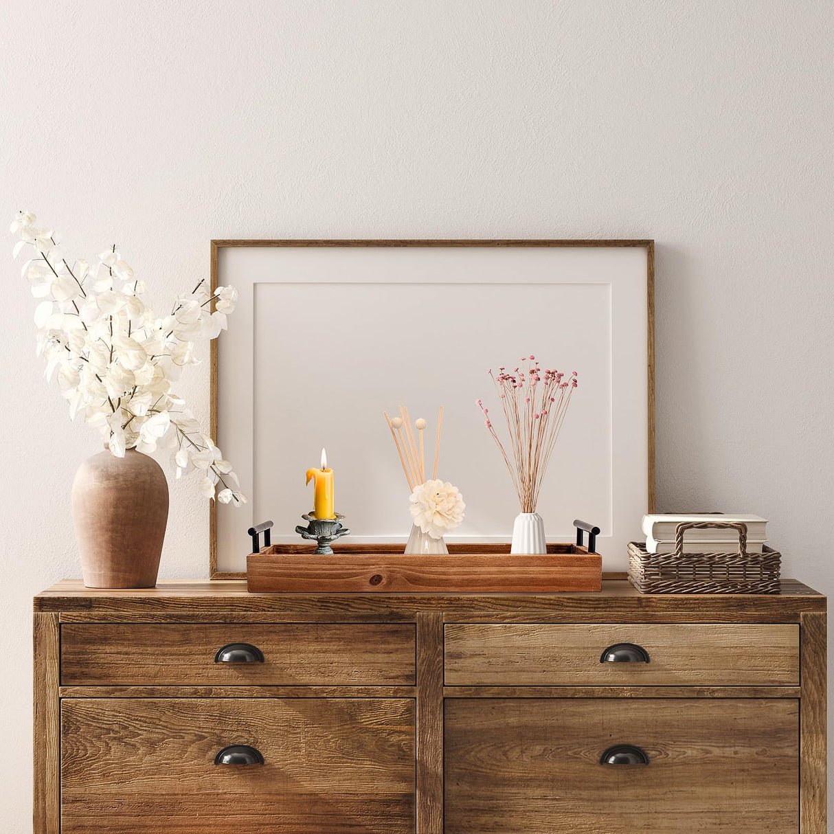 Rustic Wood Serving Tray with Metal Handles, Brown Wooden Tray, Centerpiece Tray for Dining Table, Farmhouse Plant Tray, Candle Holder, Long Narrow Ottoman Trays for Wine Coffee Table Kitchen Decor OKSQW