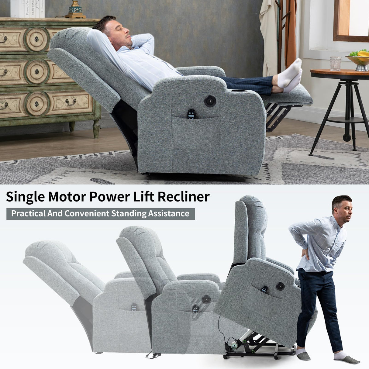 PELUMY Manual Lift Recliner Chair for Elderly with Massage & Heat, Oversized Heavy Duty 350 lbs Recliner with Cup Holders & USB Ports, Infinite Positioning Lift Chair for Adults (Linen Fabric, Grey) PELUMY