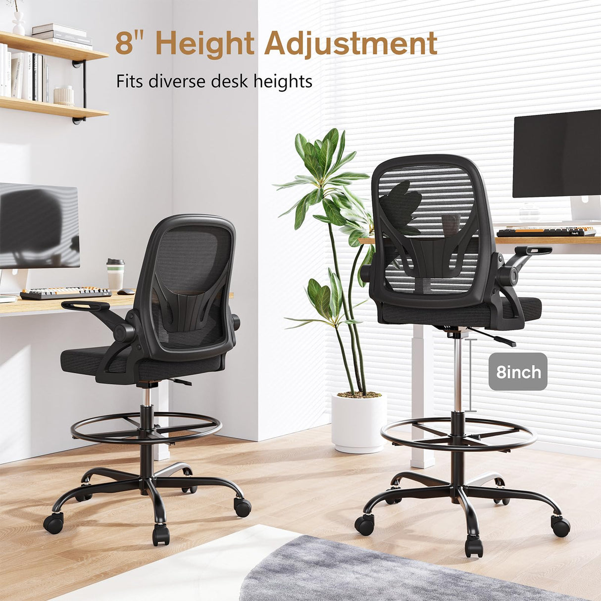 Alolo Drafting Chair with Flip-up Armrests,Tall Office Chair Adjustable Height and Ergonomic Standing Desk Chairs with Lumbar Support and Adjustable Footrest Ring(Black) Alolo