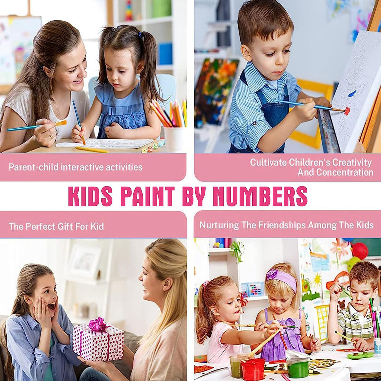 4 Pack Animal Paint by Number for Kids with Wooden Frame, Paint by Numbers for Kids Animals Ages 4-8-12, Easy Elephant Owl Giraffe Zebra DIY Acrylic Oil Painting Kits for Home Wall Decor (8X8 inch) xackcme