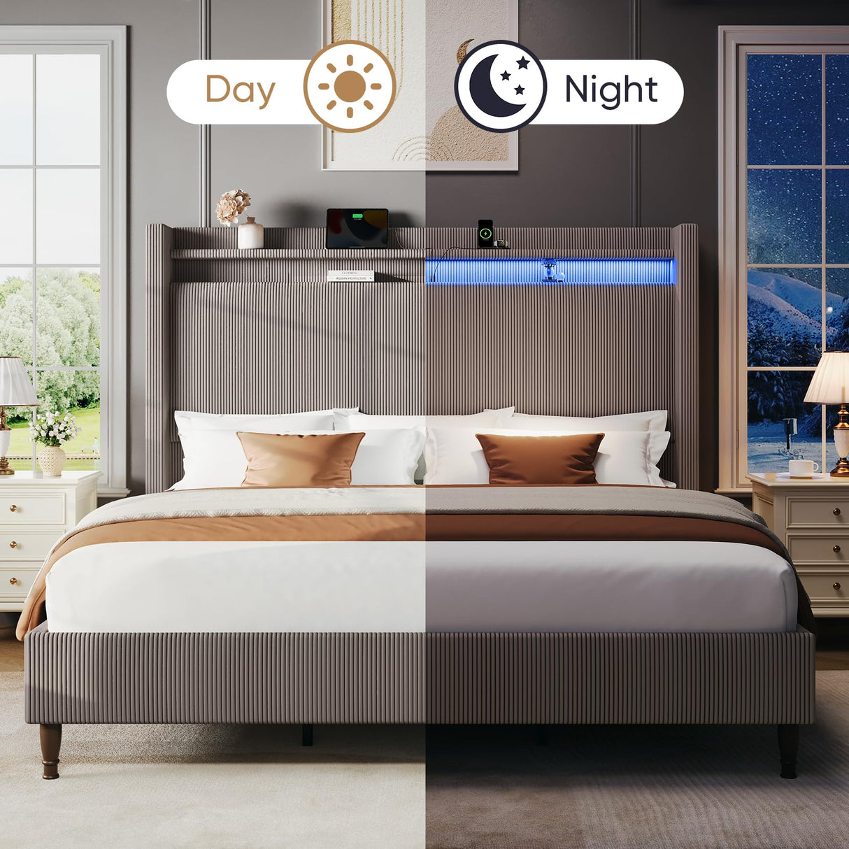 King Bed Frame with 55.3" Tall Headboard, Corduroy Upholstered Platform Bed with LED Lights & Charging Station, Wingback Storage Headboard, Solid Wood Slats,Noise Free,No Box Spring Needed,Gray Brown Welzona