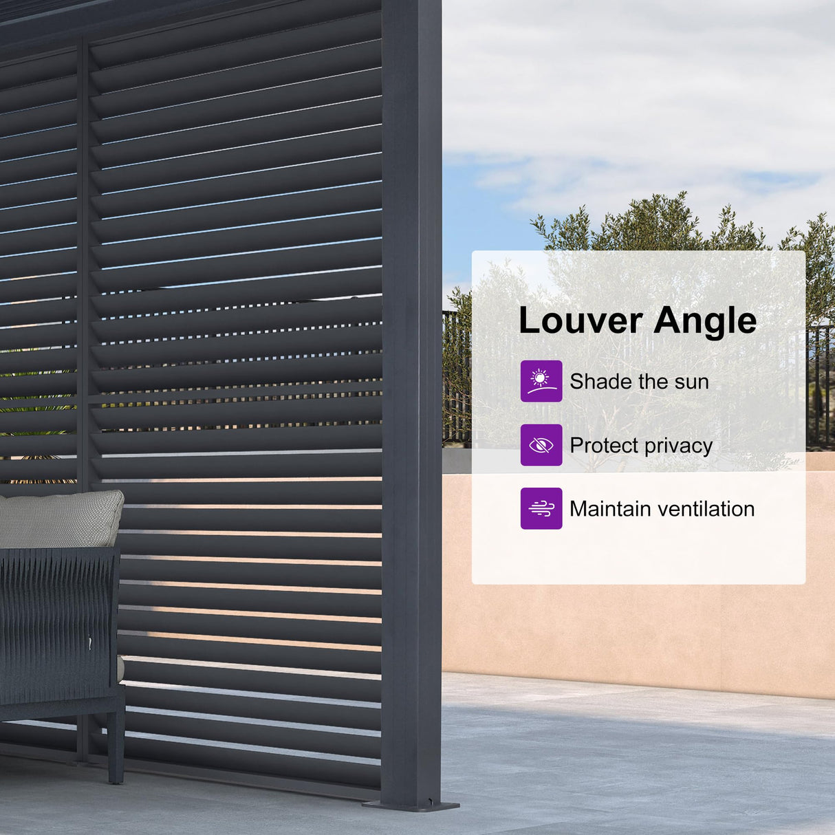 PURPLE LEAF Louvered Pergola Accessory 94AS Aluminum Louver Grille for Optimal Privacy, Sunlight Control Four Panels a Complete 13' Side Fixed Shutter Wall, Pergola Not Included PURPLE LEAF