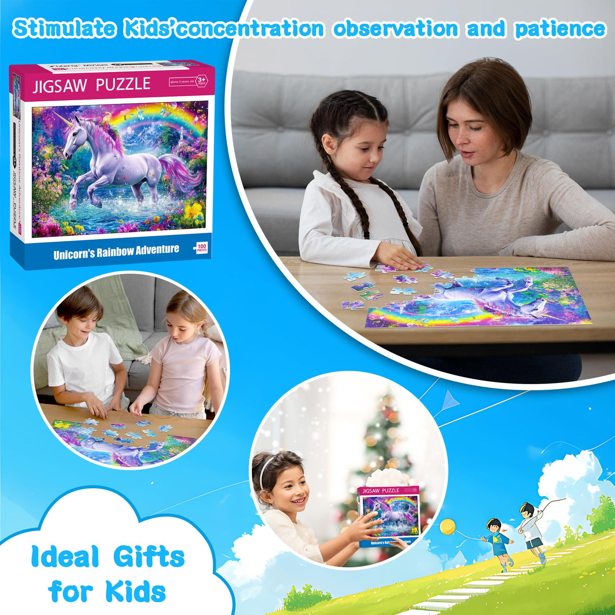 100 Piece Puzzles for Kids Ages 4-6 6-8 Unicorn Rainbow Jigsaw Puzzles Kids Puzzles Ages 5-8 100 Piece Puzzle for Adults Kids Learning Educational Toys Gifts for Girls Boys Sopu